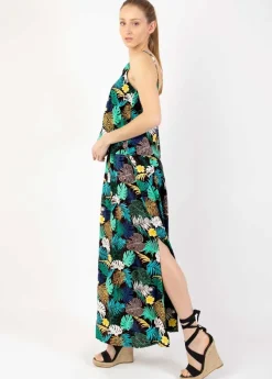 Best Sale Coton Du Monde Robe longue fendue ASSILIA imprimé tropical Palme Vert