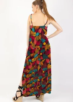 Clearance Coton Du Monde Robe longue fendue ASSILIA imprimé tropical Palme Orange