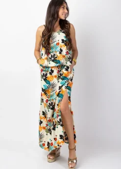 Cheap Coton Du Monde Robe longue fendue ASSILIA imprimé exotique beige Tiger