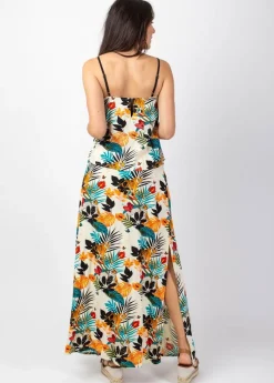 Cheap Coton Du Monde Robe longue fendue ASSILIA imprimé exotique beige Tiger