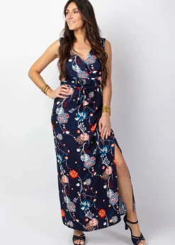 New Coton Du Monde Robe longue fendue chic MELINDA cache-cœur imprimé floral bleu Pollen