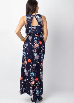 New Coton Du Monde Robe longue fendue chic MELINDA cache-cœur imprimé floral bleu Pollen