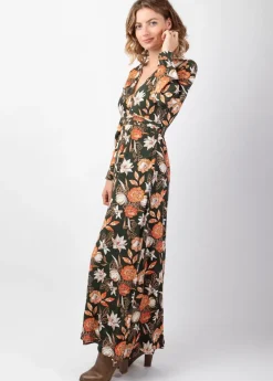 Outlet Coton Du Monde Robe longue fendue en viscose soyeux hiver CALISSA motif floral kaki Arty