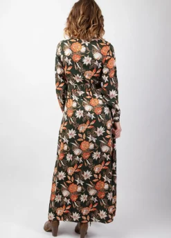 Outlet Coton Du Monde Robe longue fendue en viscose soyeux hiver CALISSA motif floral kaki Arty