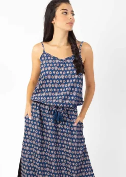 Cheap Coton Du Monde Robe longue fendue fines bretelles ALBA imprimé ethnique bleu 29 Marine