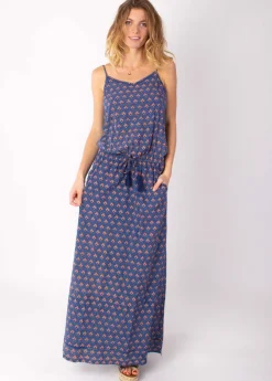Hot Coton Du Monde Robe longue fendue fines bretelles ALBA motif ethnique bleu 22 Marine
