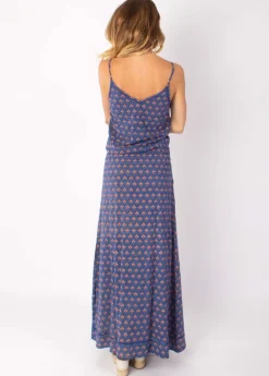 Hot Coton Du Monde Robe longue fendue fines bretelles ALBA motif ethnique bleu 22 Marine