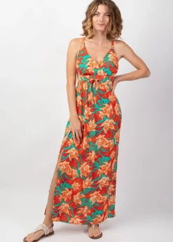 Shop Coton Du Monde Robe longue fendue GLORIA fines bretelles motif fleuri tropical Summer