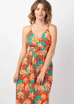 Shop Coton Du Monde Robe longue fendue GLORIA fines bretelles motif fleuri tropical Summer