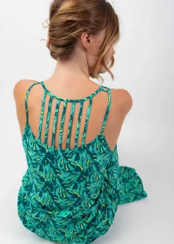 Sale Coton Du Monde Robe longue fendue LAETITIA imprimé tropical vert Gaia
