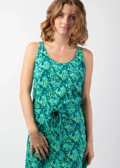 Sale Coton Du Monde Robe longue fendue LAETITIA imprimé tropical vert Gaia