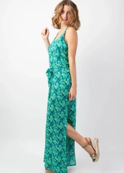 Sale Coton Du Monde Robe longue fendue LAETITIA imprimé tropical vert Gaia