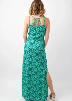 Sale Coton Du Monde Robe longue fendue LAETITIA imprimé tropical vert Gaia