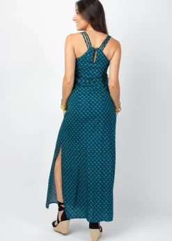 Outlet Coton Du Monde Robe longue fendue MARISSA motif ethnique bleu Albizia Bleu