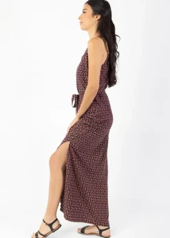 Shop Coton Du Monde Robe longue fines bretelles LAETITIA imprimé ethnique prune Envolee Prune