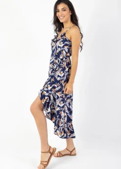 Hot Coton Du Monde Robe longue fines bretelles SACHA imprimé fleurs de paradis 14 Marine