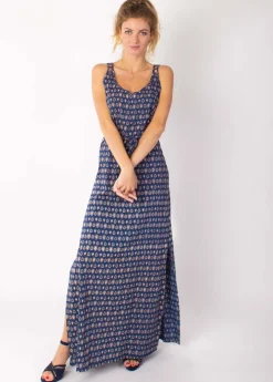 Discount Coton Du Monde Robe longue fines bretelles LAETITIA imprimé ethnique marine 29 Marine