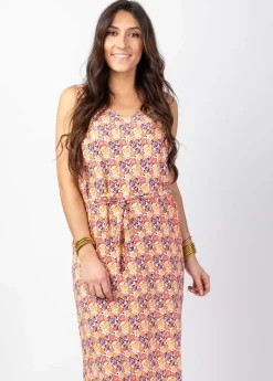 Shop Coton Du Monde Robe longue fleurie SAVANA larges bretelles avec ceinture Camélia