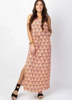 Shop Coton Du Monde Robe longue fleurie SAVANA larges bretelles avec ceinture Camélia