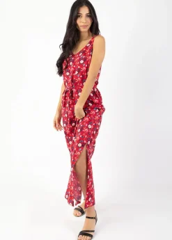 New Coton Du Monde Robe longue fleurie SAVANA rouge ceinturée à larges bretelles Spring Flowers