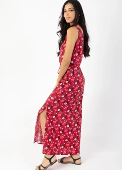 New Coton Du Monde Robe longue fleurie SAVANA rouge ceinturée à larges bretelles Spring Flowers