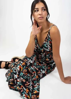 New Coton Du Monde Robe longue fluide GLORIA fines bretelles imprimé feuillage Belize