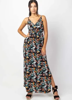 New Coton Du Monde Robe longue fluide GLORIA fines bretelles imprimé feuillage Belize