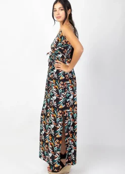 New Coton Du Monde Robe longue fluide GLORIA fines bretelles imprimé feuillage Belize