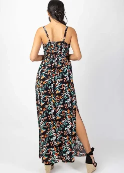 New Coton Du Monde Robe longue fluide GLORIA fines bretelles imprimé feuillage Belize