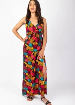 Outlet Coton Du Monde Robe longue fluide GLORIA fines bretelles imprimé tropical Palme Orange