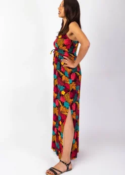 Outlet Coton Du Monde Robe longue fluide GLORIA fines bretelles imprimé tropical Palme Orange