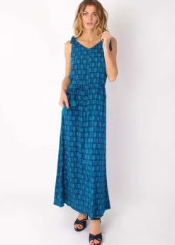 Cheap Coton Du Monde Robe longue fluide LUDMILLA imprimé ethnique marine 12 Bleu