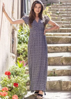 Best Coton Du Monde Robe longue fluide MARBELLA imprimé ethnique 32 Marine