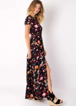 Outlet Coton Du Monde Robe longue fluide MARBELLA imprimé fleuri noir 28 Noir