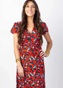 Best Coton Du Monde Robe longue fluide MARBELLA imprimé fleuri rouge Poppies