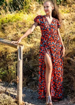 Best Coton Du Monde Robe longue fluide MARBELLA imprimé fleuri rouge Poppies