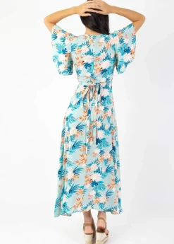 Outlet Coton Du Monde Robe longue fluide SAKURA imprimé fleurs exotiques Exotique Menthe