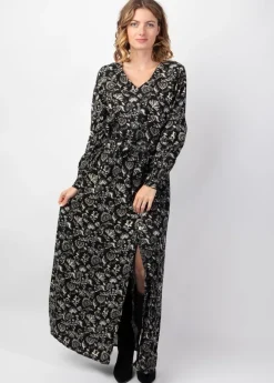 Best Sale Coton Du Monde Robe longue hiver en twill de viscose GAYA motif ethnique noir Orient