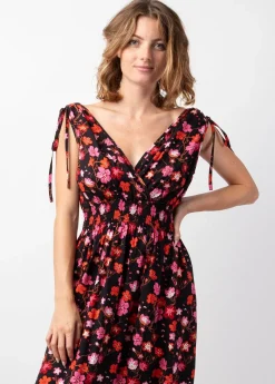 Sale Coton Du Monde Robe longue larges bretelles TAMARA noire imprimé fleurs Cherry Noir