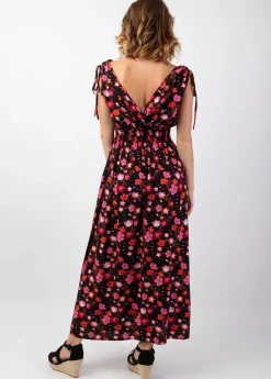 Sale Coton Du Monde Robe longue larges bretelles TAMARA noire imprimé fleurs Cherry Noir