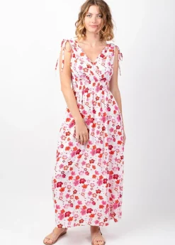Shop Coton Du Monde Robe longue larges bretelles TAMARA blanche motif fleuri romantique Cherry Blanc