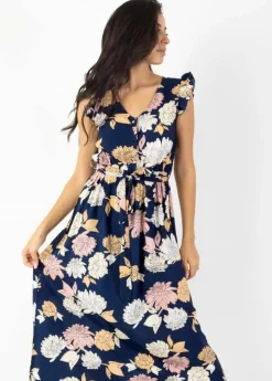 Cheap Coton Du Monde Robe longue manches volantées KAYLA fleurie bleue Blossom