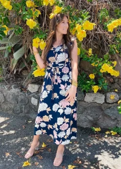 Cheap Coton Du Monde Robe longue manches volantées KAYLA fleurie bleue Blossom