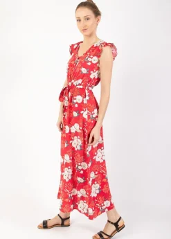 Fashion Coton Du Monde Robe longue manches volantées KAYLA fleurie rouge Bouquet Rouge