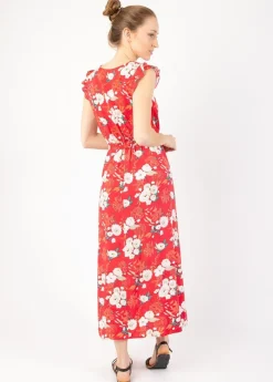 Fashion Coton Du Monde Robe longue manches volantées KAYLA fleurie rouge Bouquet Rouge