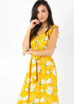 Fashion Coton Du Monde Robe longue manches volantées KAYLA fleurie jaune Bouquet Jaune