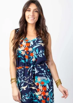 Best Sale Coton Du Monde Robe longue SAVANA larges bretelles imprimé bleu profond Japan