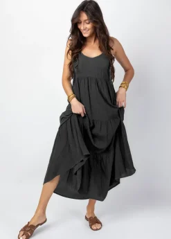 Cheap Coton Du Monde Robe longue unie fines bretelles torsadées MONICA e Noir