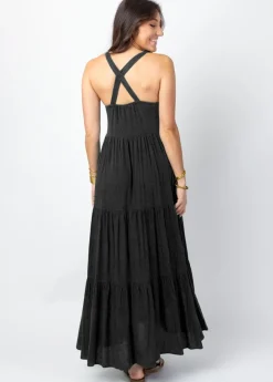 Cheap Coton Du Monde Robe longue unie fines bretelles torsadées MONICA e Noir