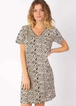 Best Sale Coton Du Monde Robe manches courtes en coton CLAUDIA imprimé ethnique beige 25 Beige